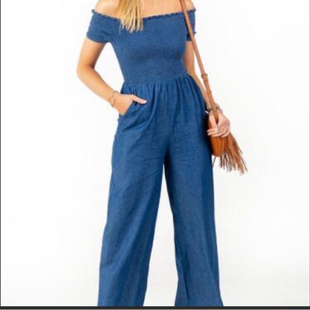 Francesca’s Blue Rain Chambray Jumpsuit -Large